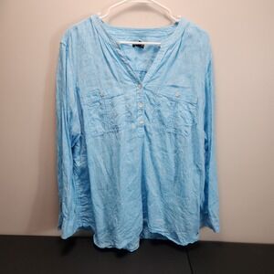 Talbots Plus Womens 2X Blue 100% Linen Henley Tunic Roll Tab Sleeve Blouse